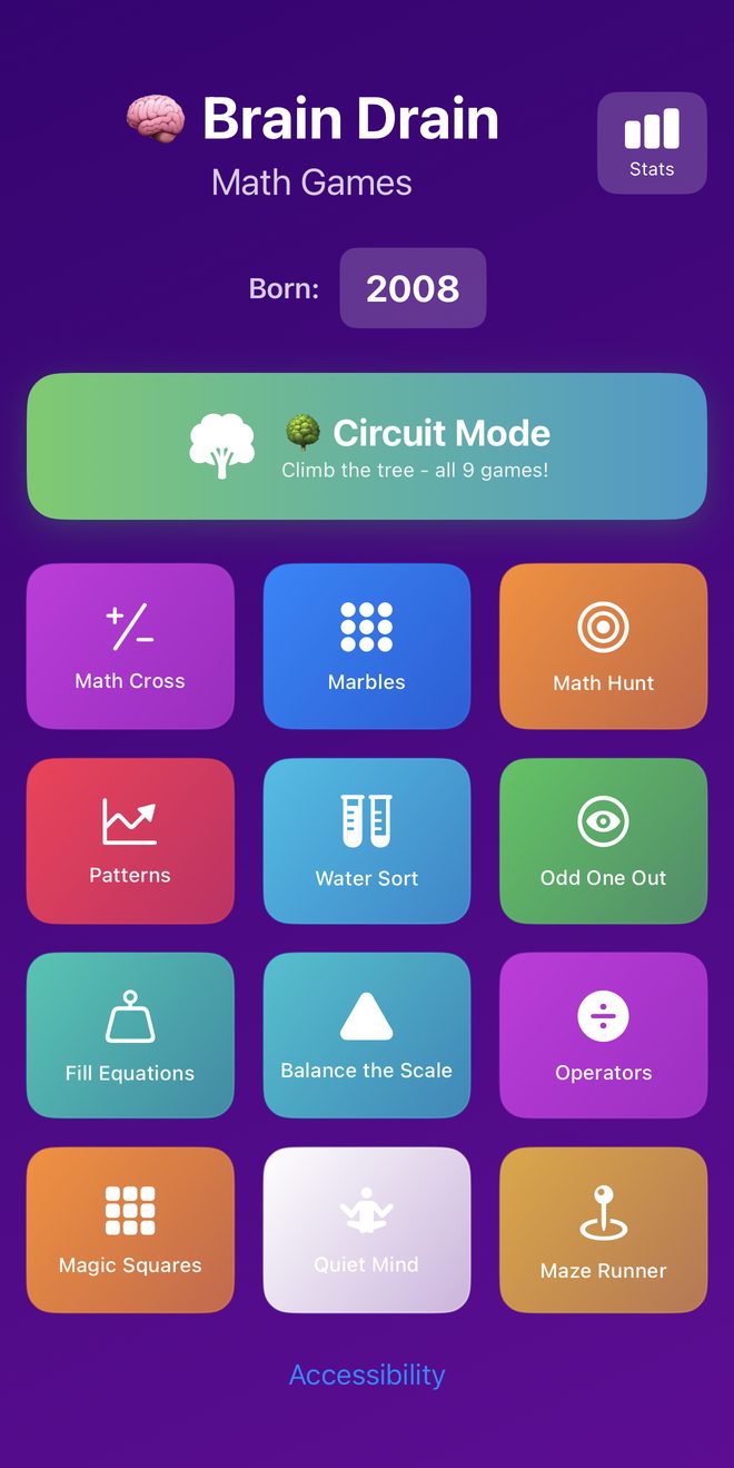 Brain Drain home screen showing Circuit Mode and twelve math game tiles