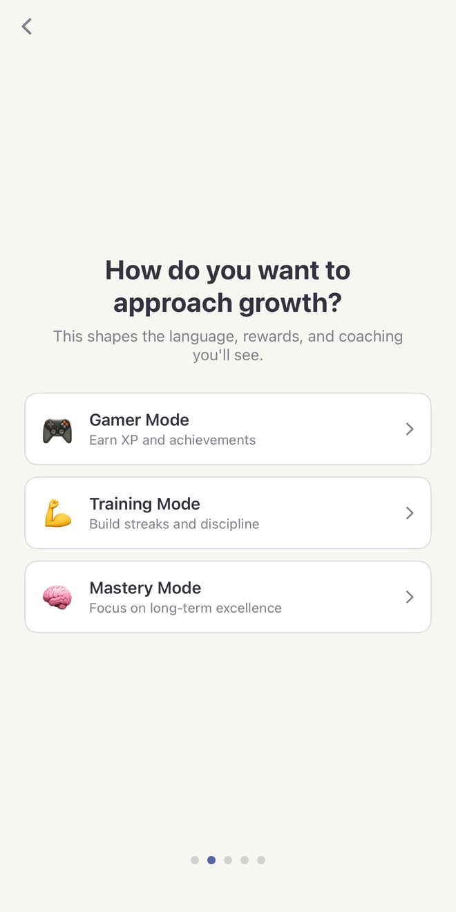 Focus Syllabl asking how you want to approach growth, with Gamer, Training and Mastery modes