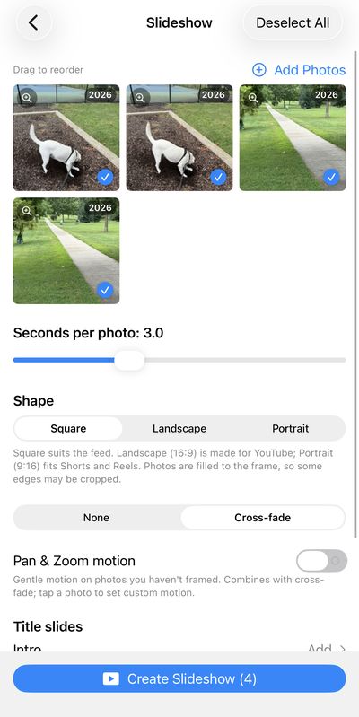 Slideshow editor with photo order, seconds per photo, and shape options